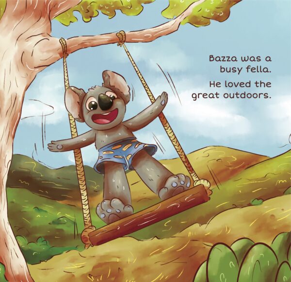 'Bazza was a busy fella. He loved the great outdoors.' The first page to Bazza Has a Stack kids book.