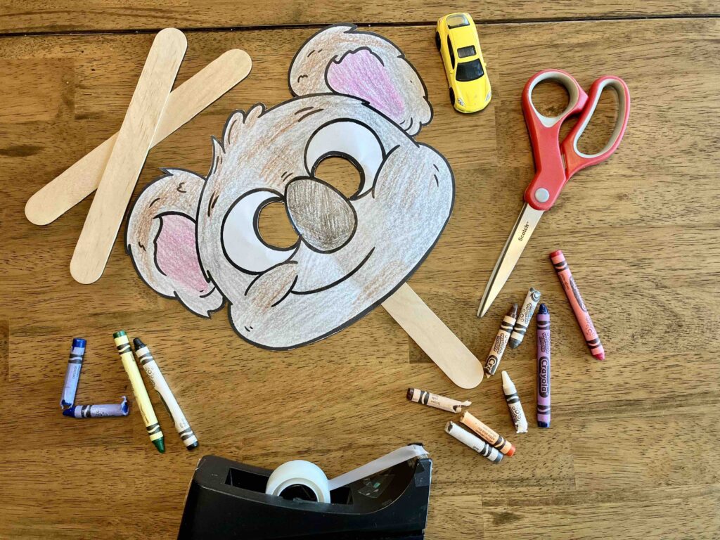 Crayons, Craft Sticks, tape, glue and pencils to cut, colour and create your own adorable koala face mask