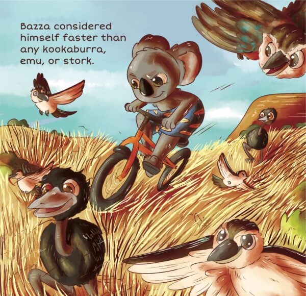 Bazza riding his bike through the Australian outback, racing emus and kookaburras.