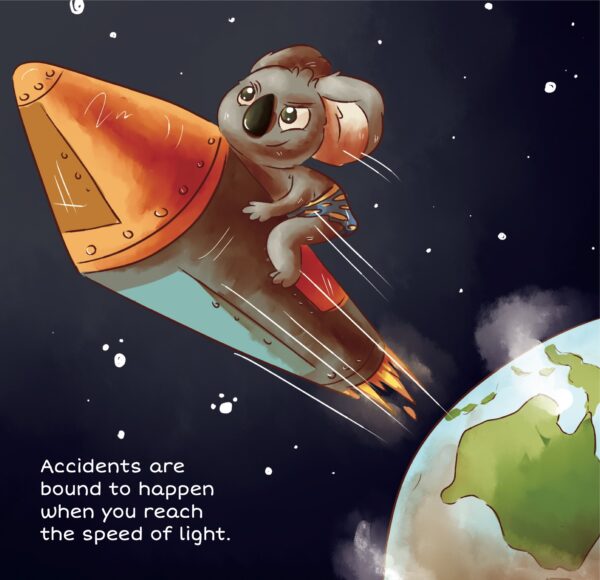 Bazza the crazy koala riding a rocket into outer space. He won't slow down!