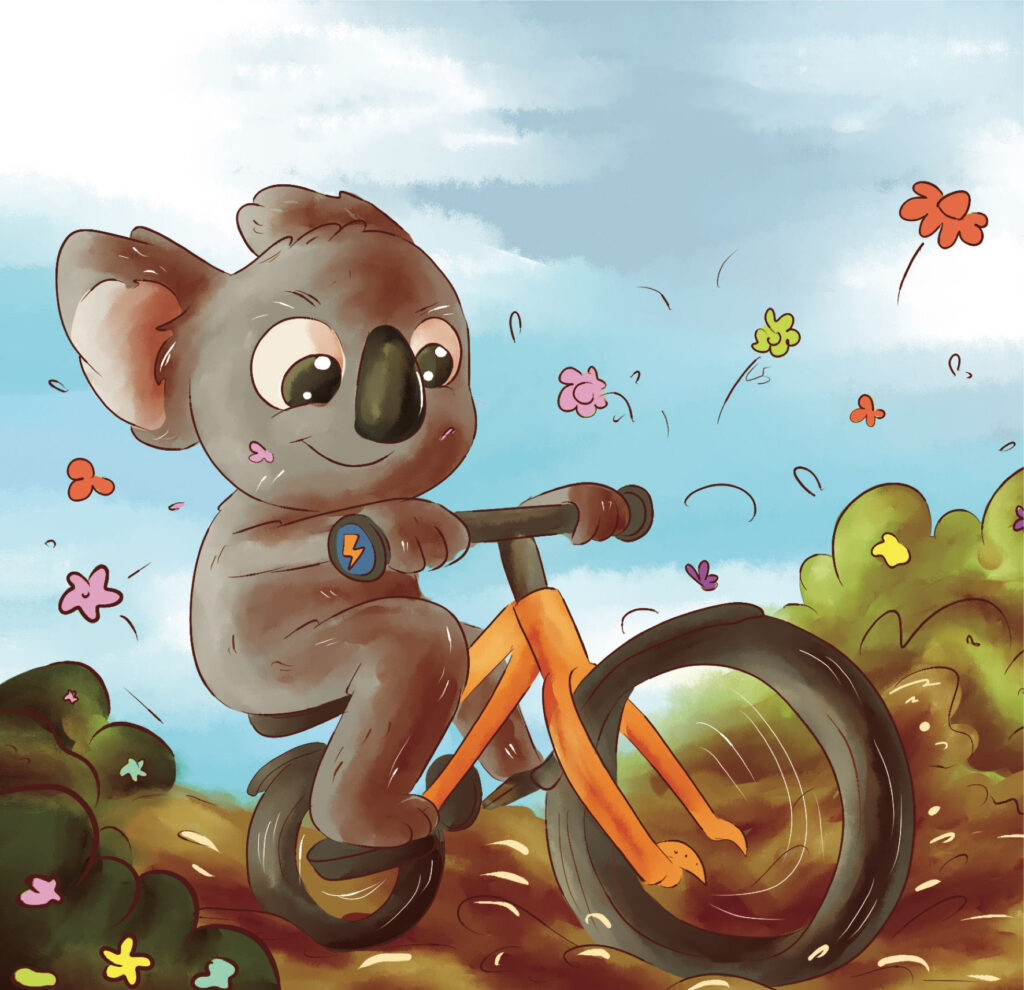 Cute koala, Bazza, riding his bike through bushes and flowers!