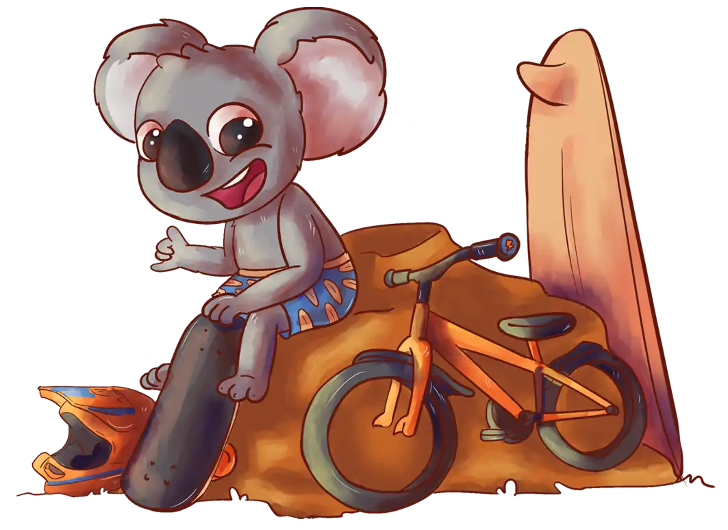 Bazza Koala sitting, throwing a shaka, holding his skateboard in the other hand. His full faced bike helmet, surfboard and bike surround him.