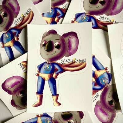 Product images of matte stickers for superhero Bazza Koala from the children's book Bazza Has a Stack