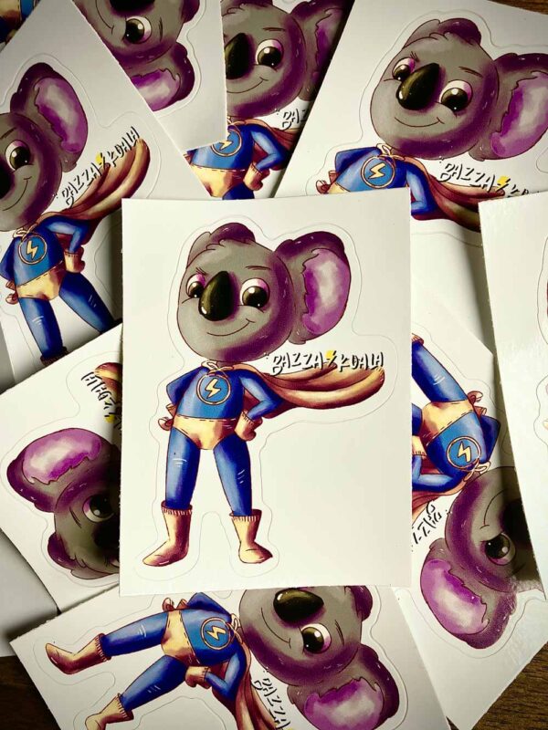 Product images of matte stickers for superhero Bazza Koala from the children's book Bazza Has a Stack