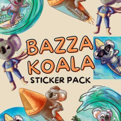 Bazza Koala sticker pack featuring four unique surfing, super hero, and outer space designs.