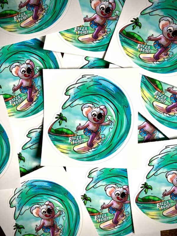 75mm matte Bazza Gets Barrelled surfing koala sticker showcasing Bazza Koala riding a wave.